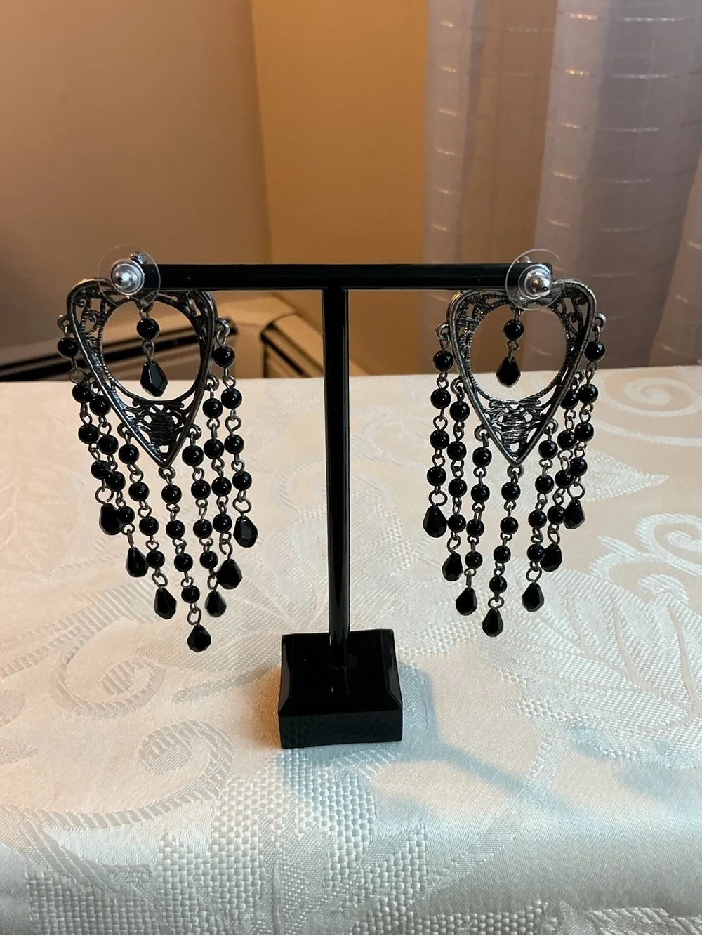 Black Glass Multi-Strand Silver Tone Statement Necklace and Earrings Set